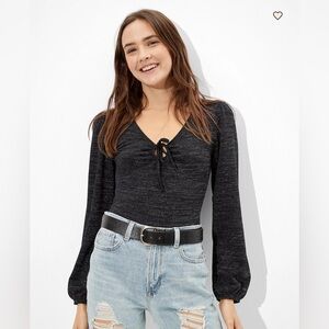 American Eagle Outfitters Charcoal Long Sleeve Bodysuit